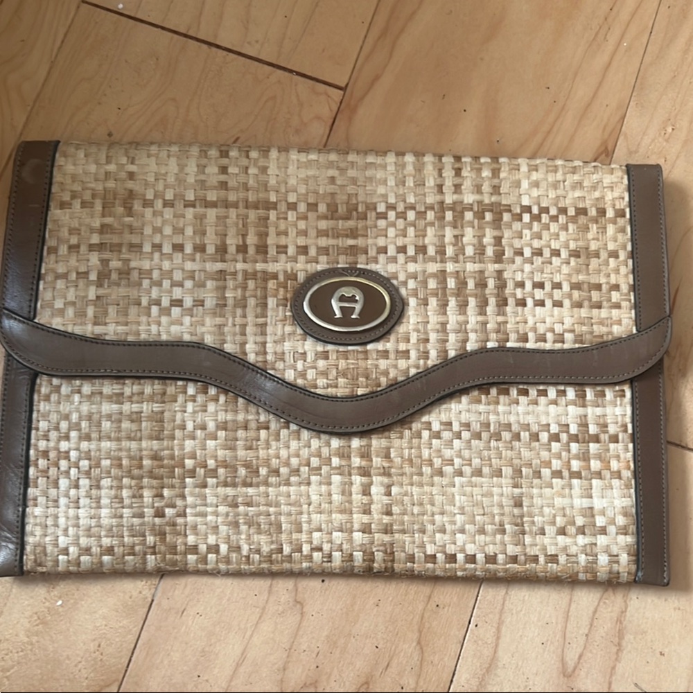 Etienne Aigner Vintage Straw and Leather Clutch